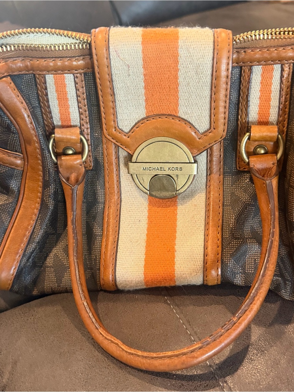 Michael Kors Orange and Cream Stripe Canvas Satchel with Brown Leather Trim